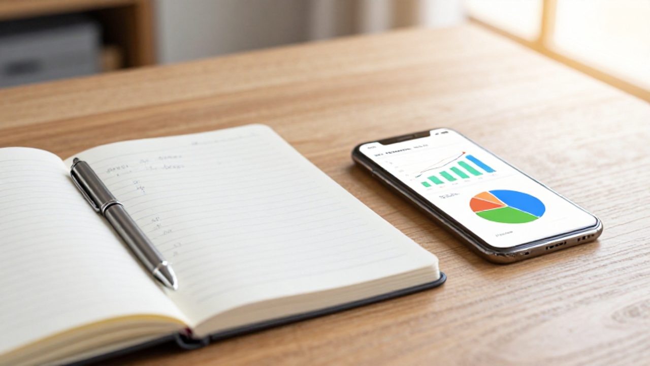Un cuaderno con anotaciones manuales y un smartphone con gráficos financieros sobre un escritorio de madera ordenado.