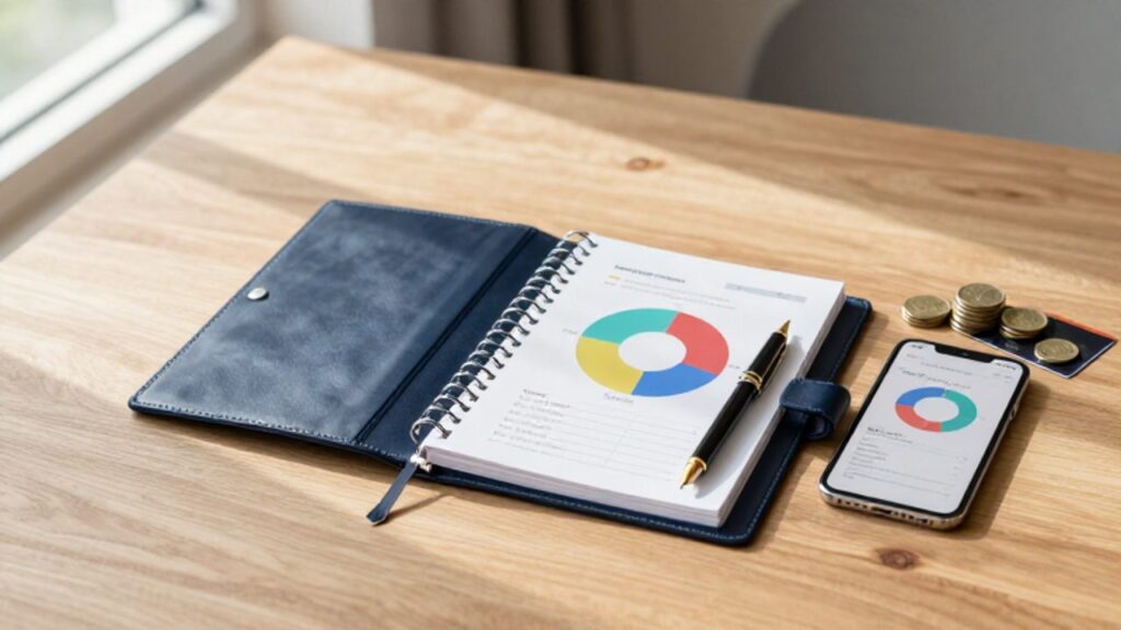 Cuaderno abierto con una pluma estilográfica junto a un smartphone que muestra un gráfico de gastos sobre un escritorio de madera.