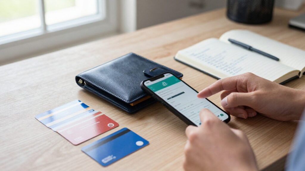 Persona organizando sus finanzas en un escritorio con una cartera, un smartphone mostrando una notificación de cashback y tarjetas de lealtad.