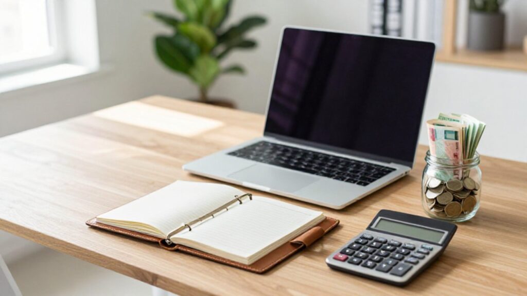 Escritorio de trabajo organizado con un portátil, una calculadora, una agenda y un frasco con ahorros en una oficina iluminada.