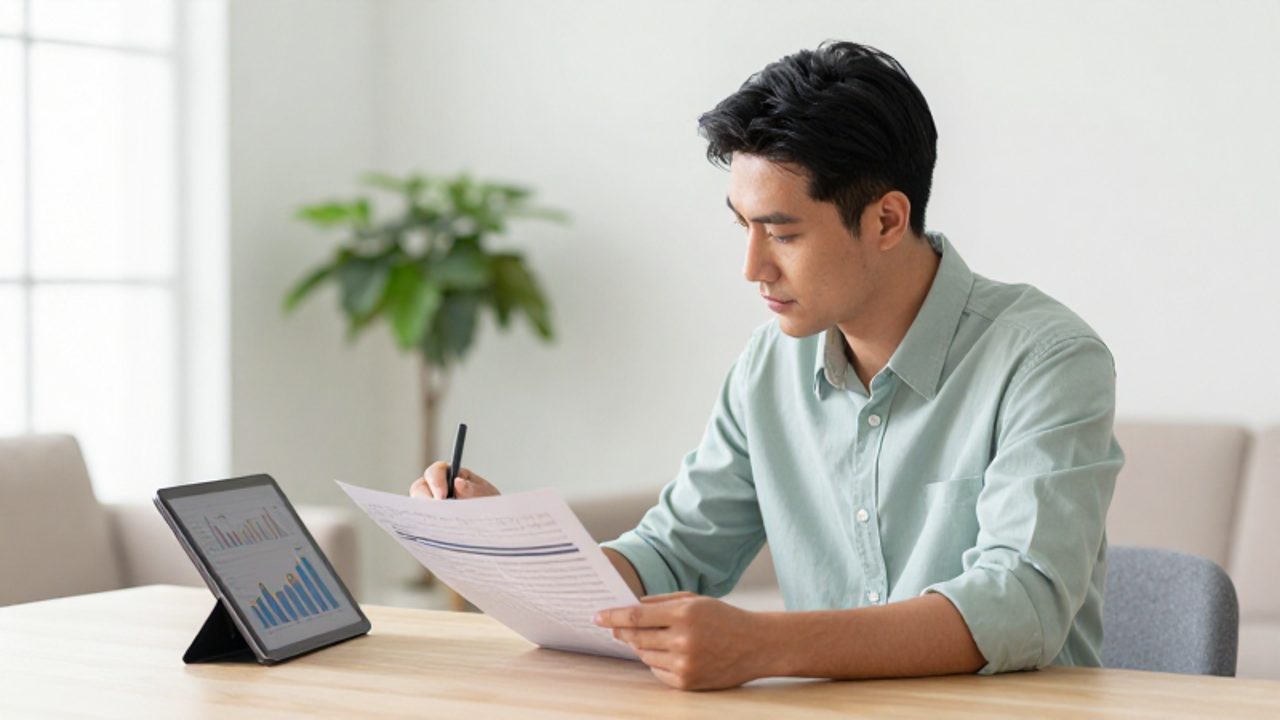 Persona joven sentada en un escritorio moderno revisando con calma un planificador financiero y una tableta con gráficos de barras.