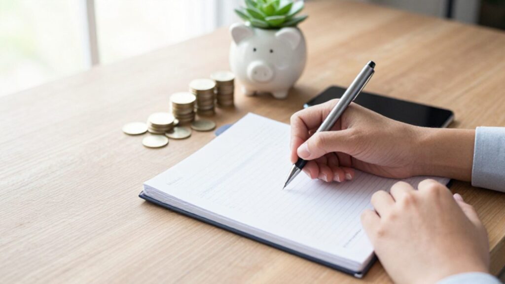 Persona escribiendo un presupuesto en un cuaderno junto a un smartphone, monedas y una pequeña alcancía sobre un escritorio de madera.