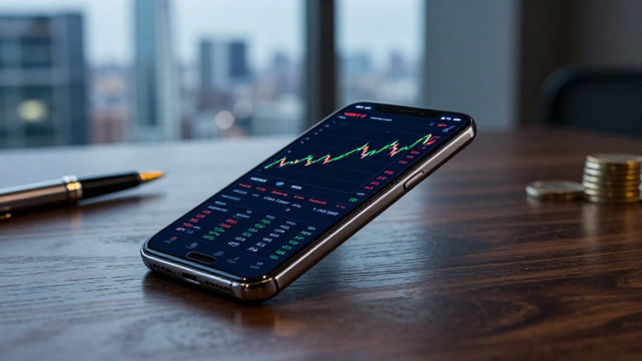 Smartphone sobre un escritorio de madera mostrando gráficos financieros de tipos de cambio de divisas con una ciudad de fondo.