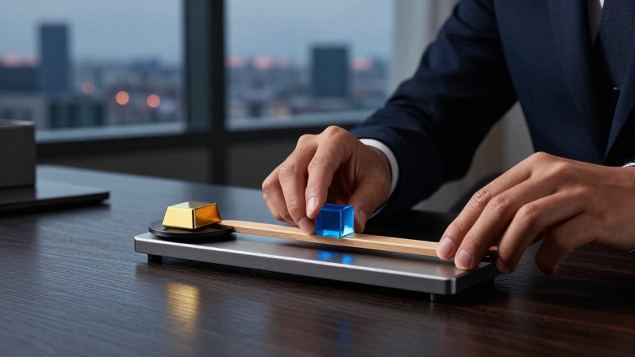 Manos ajustando una balanza de madera que equilibra un lingote de oro y un cubo de cristal azul sobre un escritorio profesional.