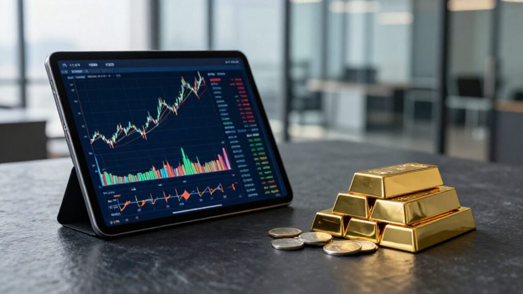 Tableta con gráficos financieros junto a lingotes de oro y monedas de plata sobre un escritorio en una oficina moderna.