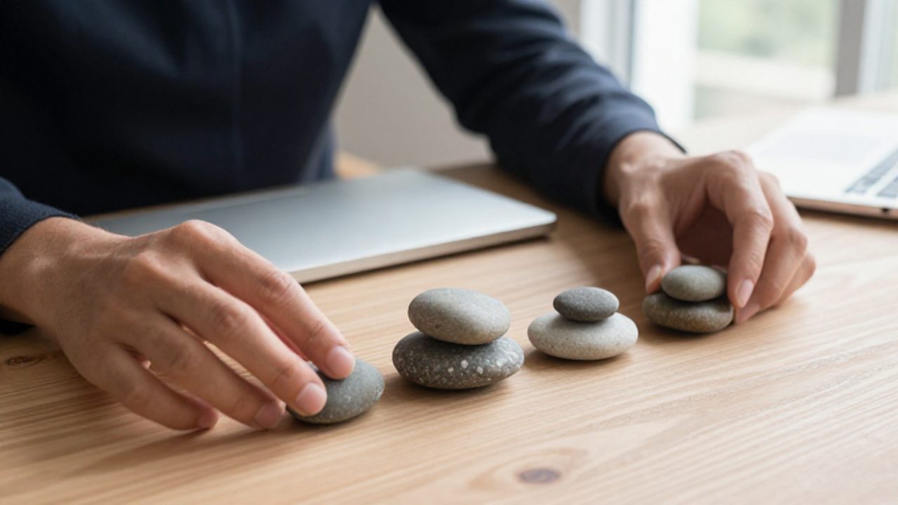 Manos organizando piedras de distintos tamaños sobre un escritorio de madera para representar el equilibrio y la estabilidad de una cartera de inversión.