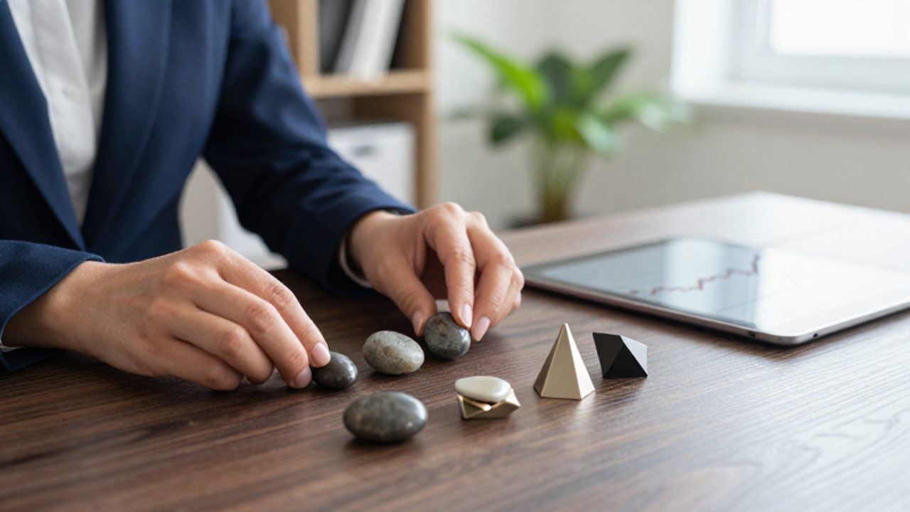 Manos de una persona organizando piedras y formas geométricas sobre un escritorio junto a una tableta con un gráfico financiero ascendente.