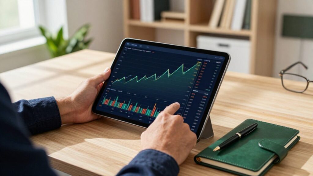 Manos de un profesional sostienen una tableta con un gráfico financiero de tendencia ascendente sobre un escritorio de madera en una oficina luminosa.