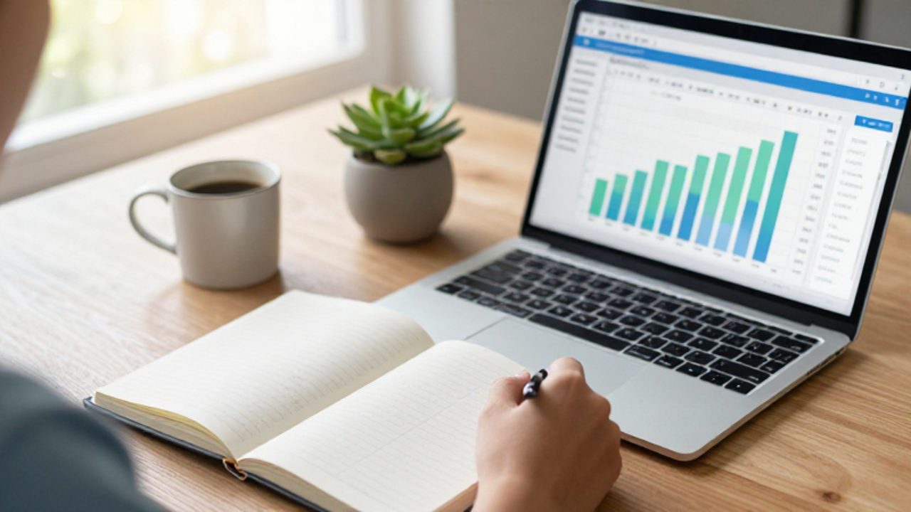 Cuaderno con notas manuales junto a una computadora que muestra gráficos financieros sobre un escritorio organizado y luminoso.