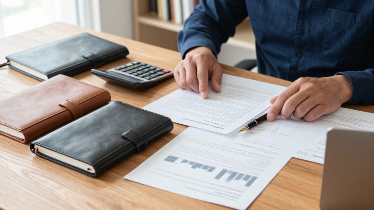 Manos de un profesional organizando documentos financieros, una calculadora y libros contables sobre un escritorio de madera.