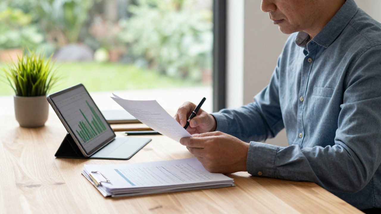 Persona sentada en un escritorio moderno revisando documentos financieros y gráficos de crecimiento en una tableta en un entorno luminoso y tranquilo.