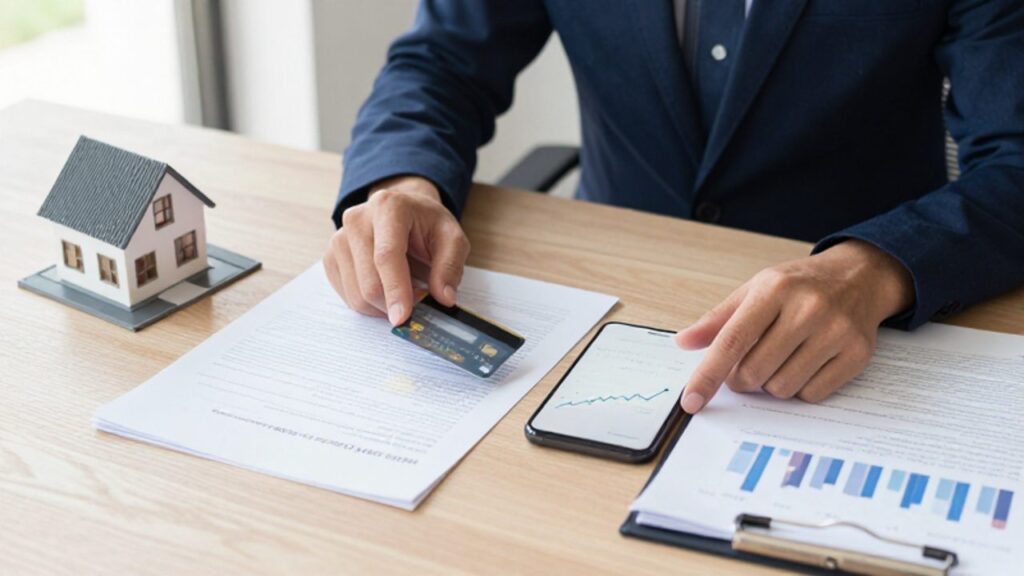 Manos organizando sobre un escritorio diversos activos financieros, incluyendo una tarjeta de débito, un smartphone con un gráfico ascendente, documentos y una maqueta de una casa.