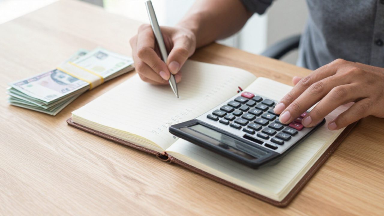 Manos de una persona escribiendo cifras en un planificador junto a una calculadora y un fajo de billetes sobre un escritorio de madera.