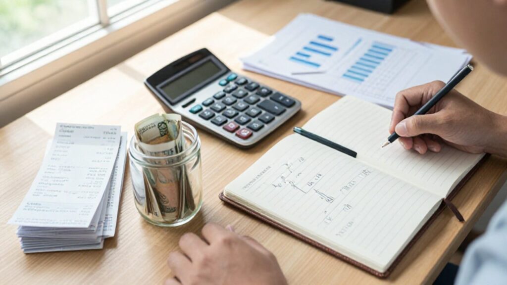 Un escritorio ordenado con una calculadora, notas financieras y un frasco de cristal con billetes que simboliza el ahorro de un fondo de emergencia.