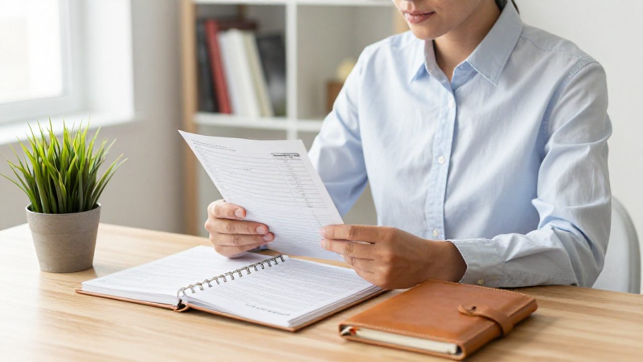Persona sentada en un escritorio ordenado revisando un extracto bancario y una agenda para planificar sus finanzas.