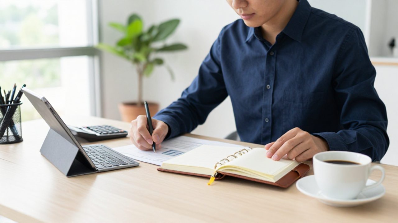 Persona joven revisando documentos financieros y tomando notas en una agenda sobre un escritorio organizado en una oficina iluminada.