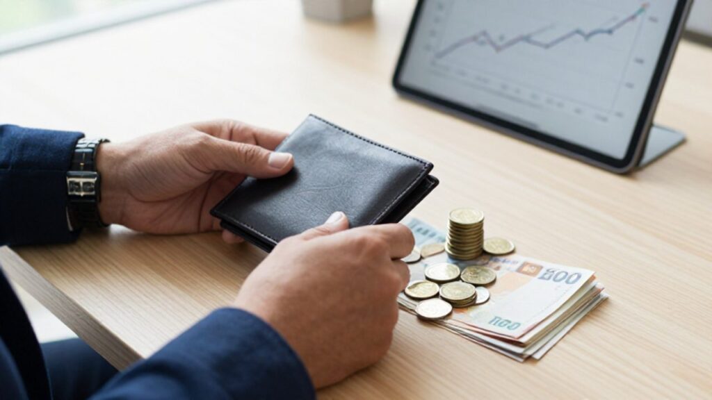 Manos organizando billetes, monedas y una cartera sobre un escritorio de madera junto a una tableta con un gráfico de crecimiento económico.