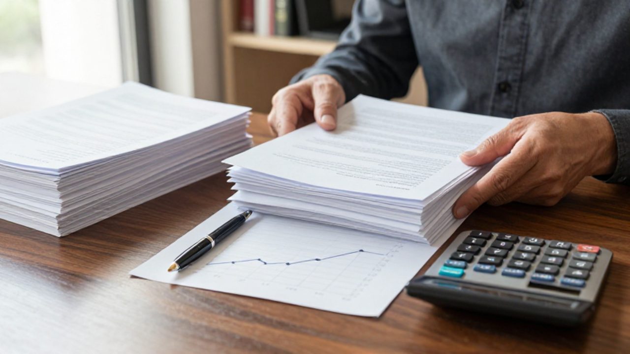 Manos de una persona mayor organizando documentos y una calculadora sobre un escritorio de madera para gestionar sus finanzas.