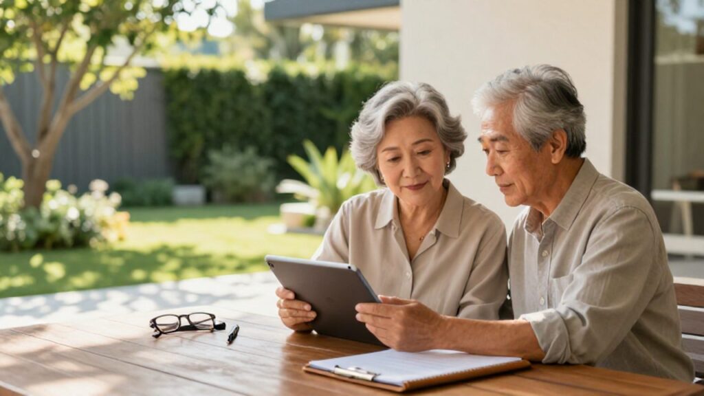 Pareja de adultos mayores revisando con calma un plan financiero y una tableta en un patio soleado.