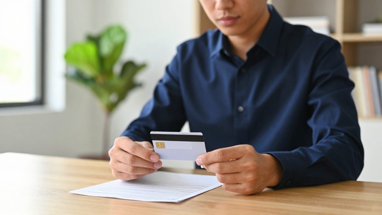 Un hombre joven revisa con calma una tarjeta de crédito y un estado de cuenta sobre un escritorio en una oficina luminosa.