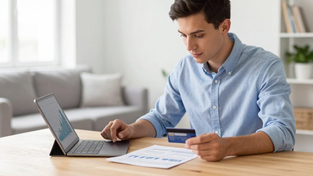 Un joven profesional revisa documentos financieros y una tarjeta de crédito mientras observa en una tableta un gráfico de crecimiento ascendente en su oficina en casa.