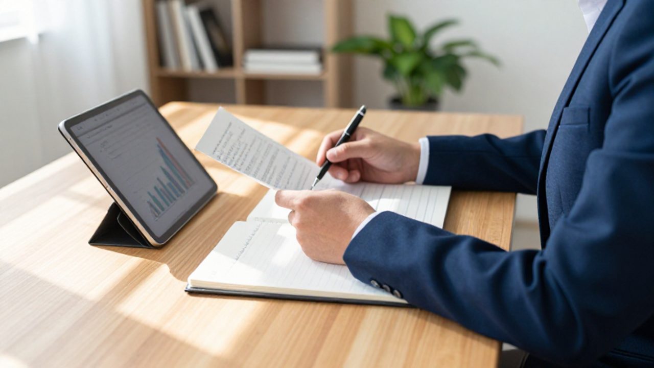 Persona trabajando en un escritorio moderno revisando documentos financieros y una tableta con gráficos.