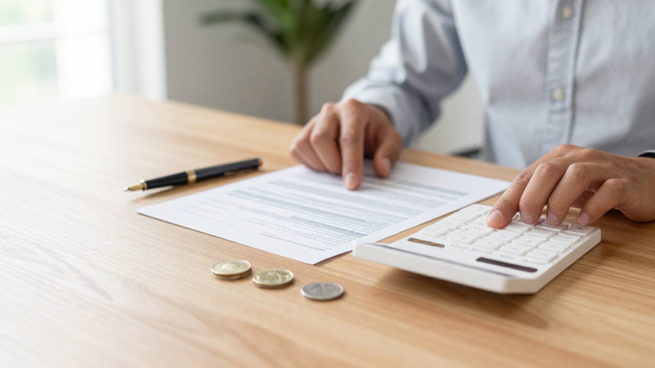 Manos revisando documentos financieros junto a una calculadora y una pequeña pila de monedas sobre un escritorio de madera.