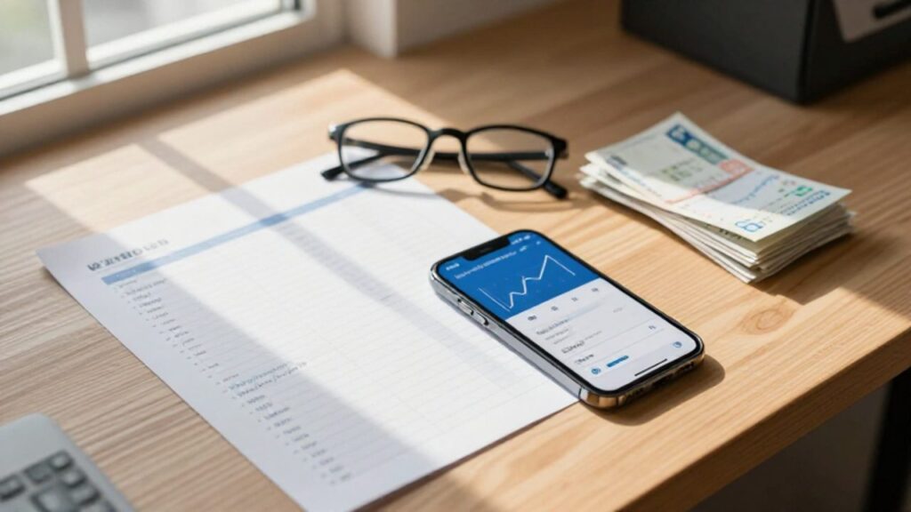 Escritorio organizado con un planificador de proyecciones financieras junto a un smartphone que muestra gráficos de crecimiento y una pila de recibos.