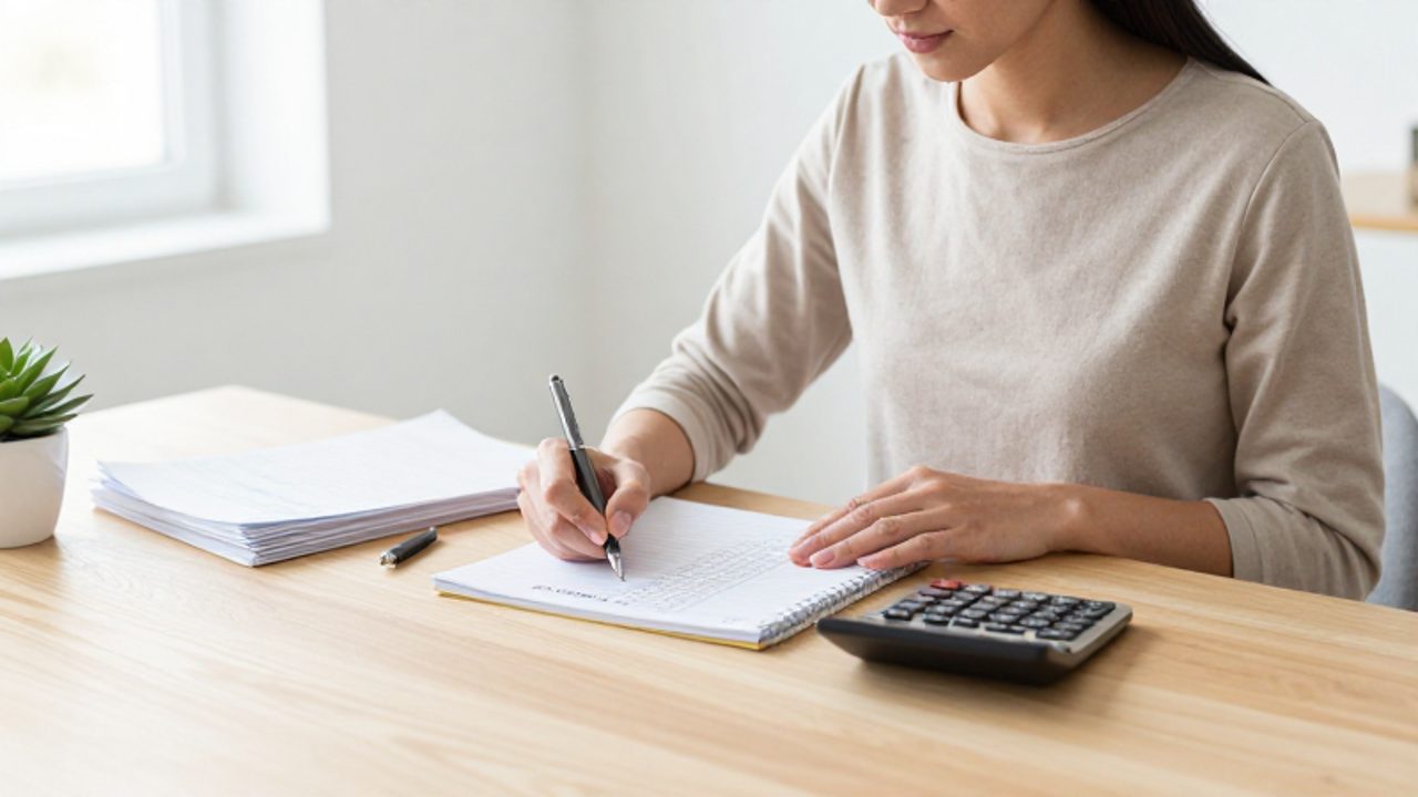 Mujer concentrada organizando sus finanzas con una calculadora y una agenda en un escritorio luminoso.