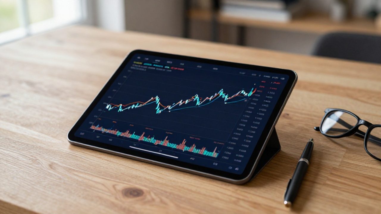 Una tableta sobre un escritorio de madera muestra un gráfico financiero de líneas que compara dos tendencias de datos junto a una pluma y unas gafas.