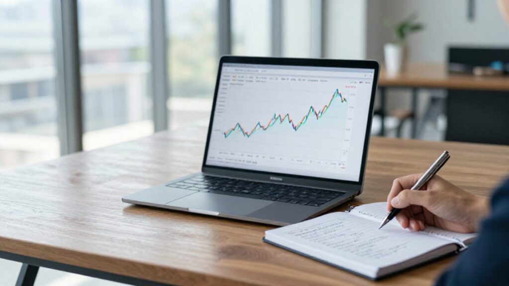 Persona analizando datos financieros en un portátil que muestra un gráfico de líneas divergentes junto a un cuaderno con fórmulas matemáticas sobre un escritorio de madera.