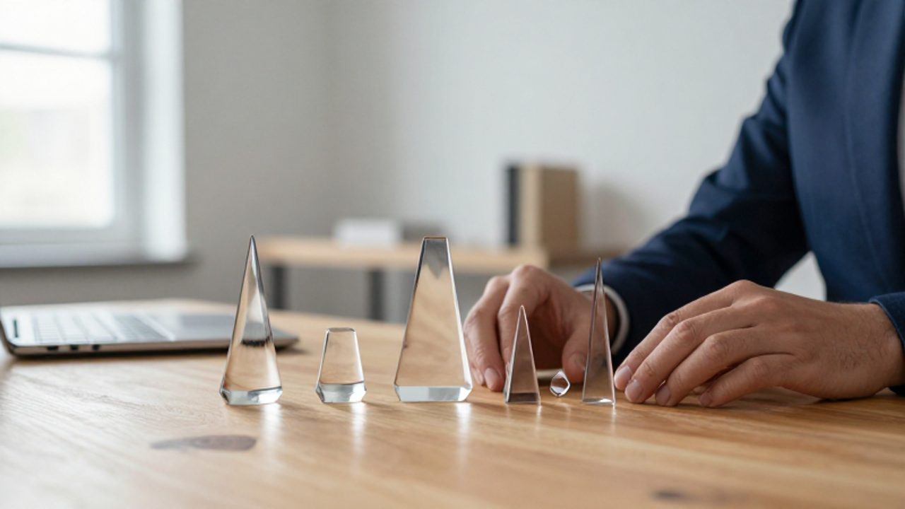Manos organizando piezas de cristal geométrico sobre un escritorio de madera, simbolizando la estabilidad y el equilibrio de una cartera diversificada.