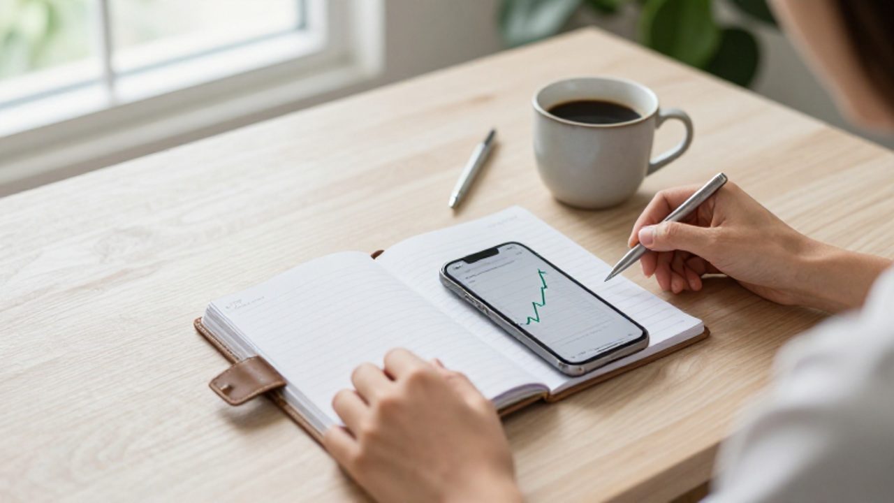 Manos organizando un escritorio con un planificador y un smartphone que muestra un gráfico de crecimiento financiero ascendente.