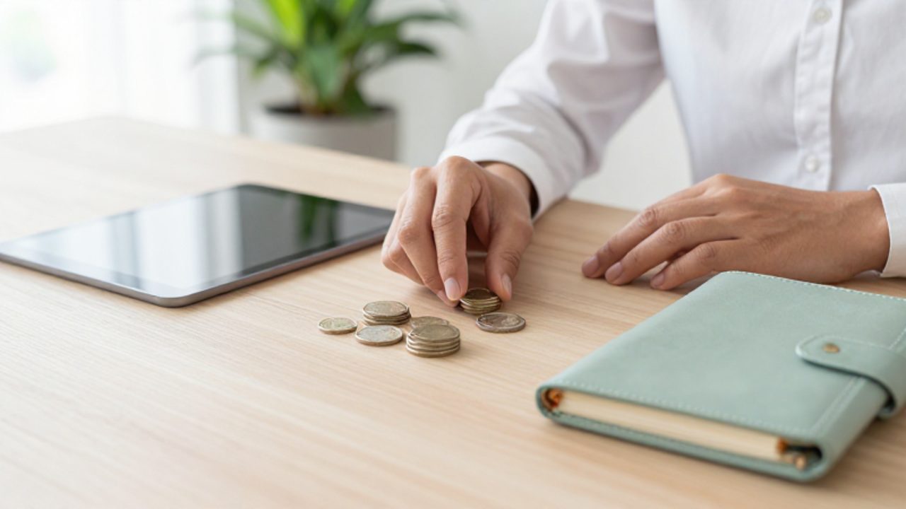 Manos organizando una pequeña pila de monedas junto a una tableta y una agenda sobre un escritorio de madera, evocando orden y planificación financiera.