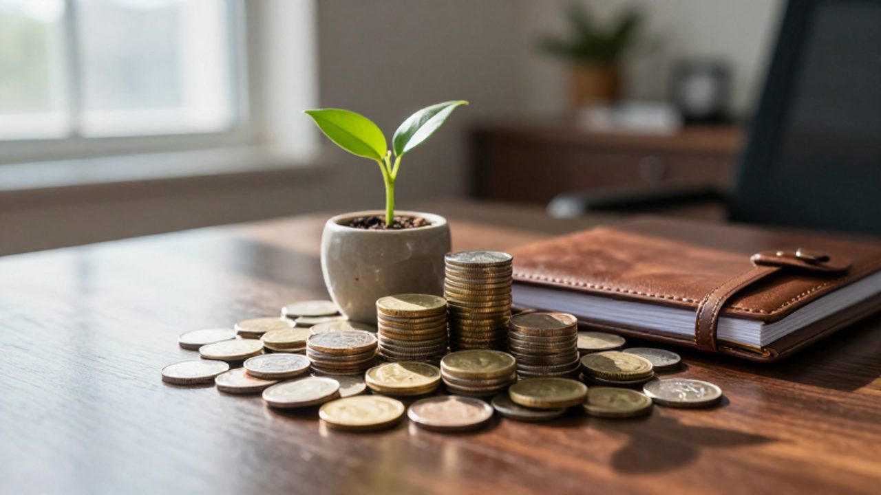 Colección de monedas, una pequeña planta en crecimiento y una agenda de cuero sobre un escritorio de madera, simbolizando la diversificación de activos y el crecimiento financiero.