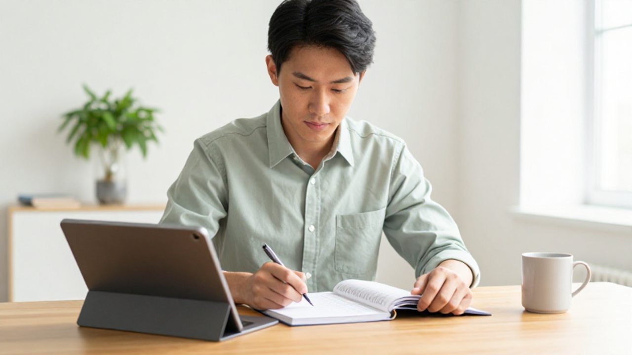 Persona joven concentrada revisando un planificador de presupuesto y una tablet en un escritorio de madera iluminado por la luz natural.
