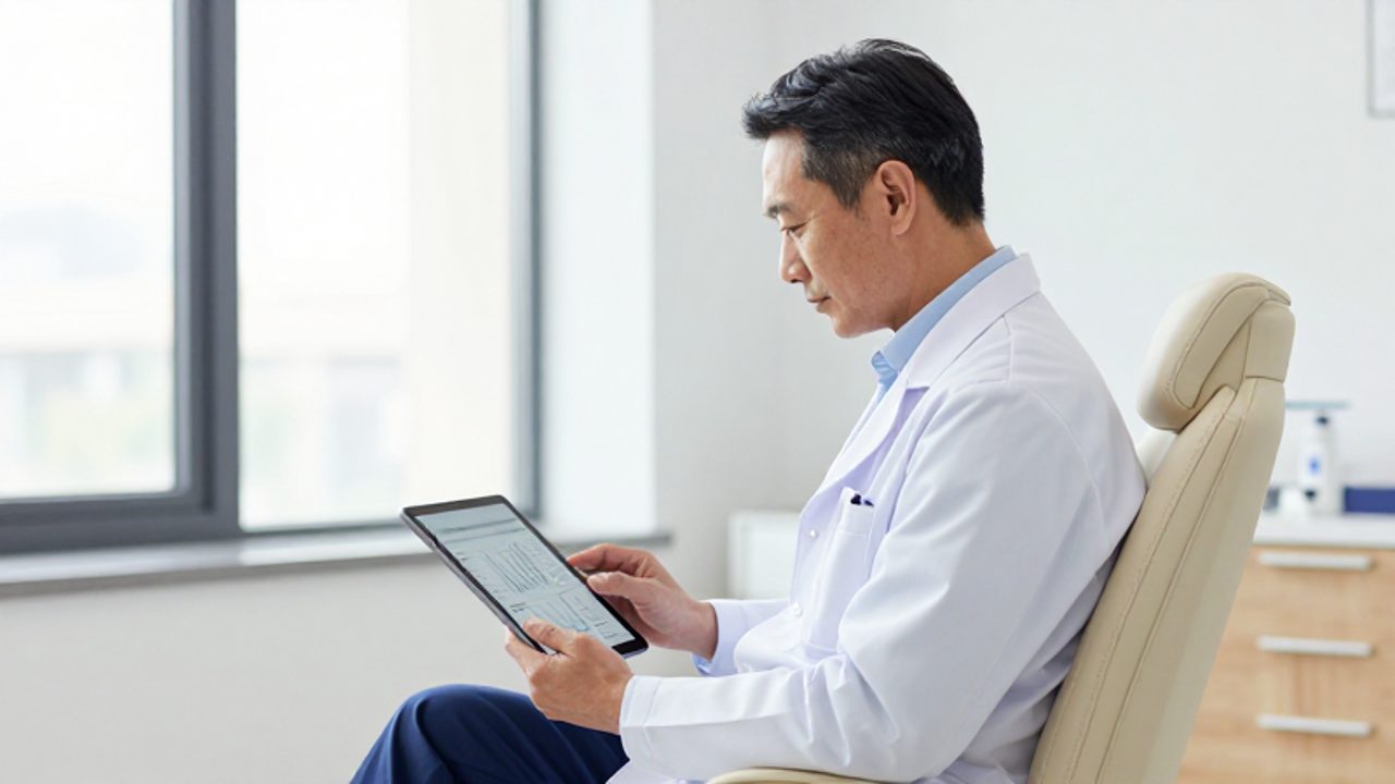 Hombre tranquilo revisando gráficos de salud en una tableta dentro de una clínica médica moderna y luminosa.