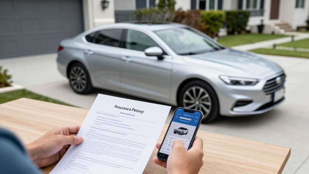 Manos sosteniendo una póliza de seguros y un teléfono con una aplicación financiera frente a un coche plateado estacionado en una zona residencial.