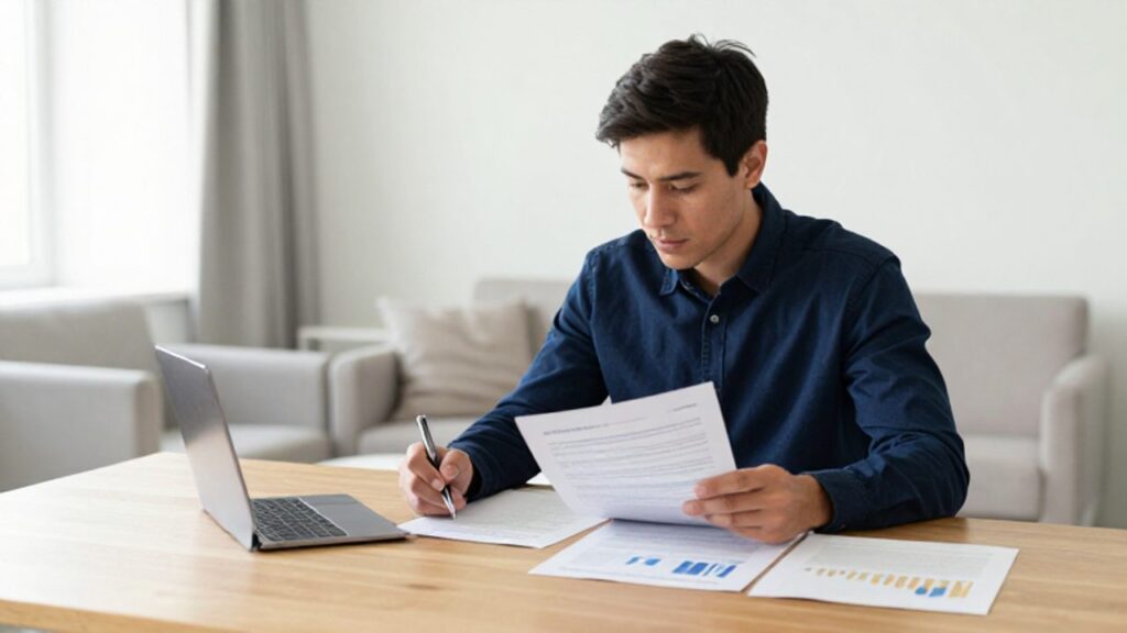 Hombre joven revisando con atención documentos financieros y pólizas de seguro en un escritorio de una oficina iluminada.
