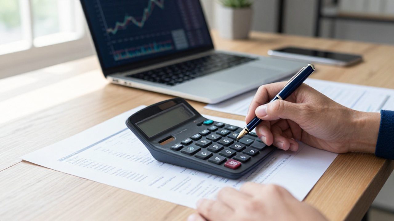 Manos utilizando una calculadora y un bolígrafo para revisar informes financieros y hojas de cálculo sobre un escritorio de madera.