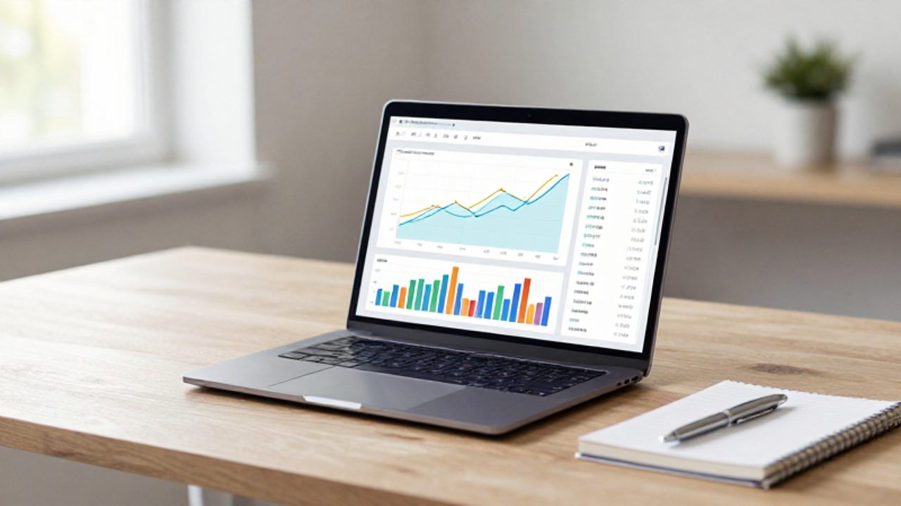 Portátil abierto sobre un escritorio de madera que muestra un panel con gráficos de barras y líneas ascendentes sobre el rendimiento de inversiones.