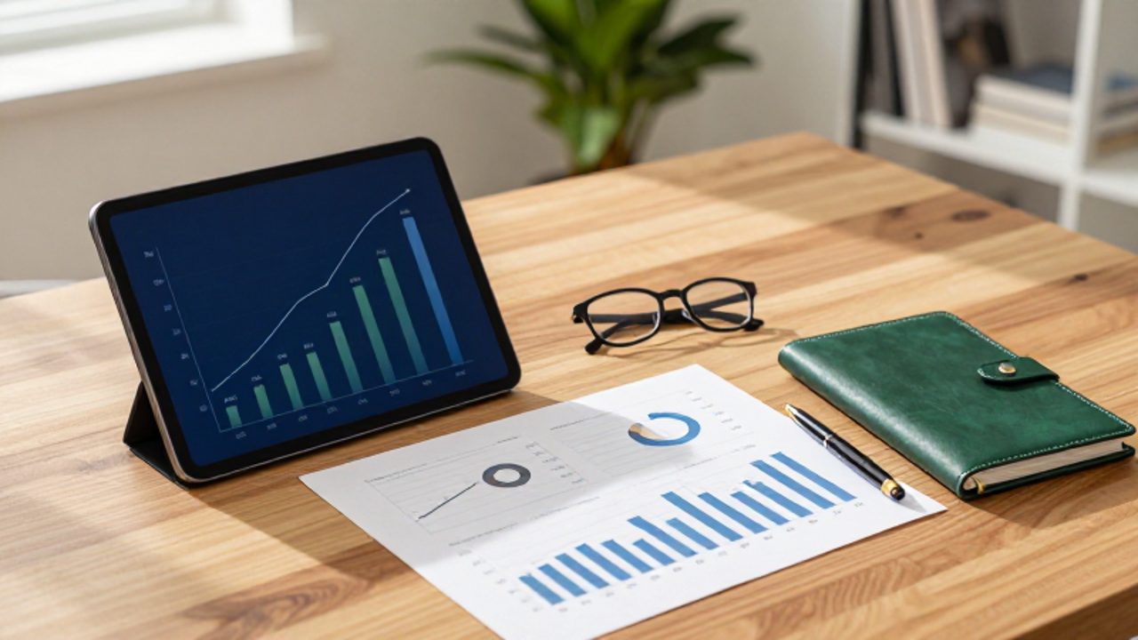 Tablet y libreta sobre un escritorio con gráficos de barras y líneas que muestran comparativas de crecimiento y costes financieros.