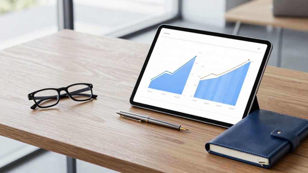 Escritorio minimalista con una tableta que muestra dos gráficos de crecimiento financiero comparativos junto a un cuaderno y una pluma.