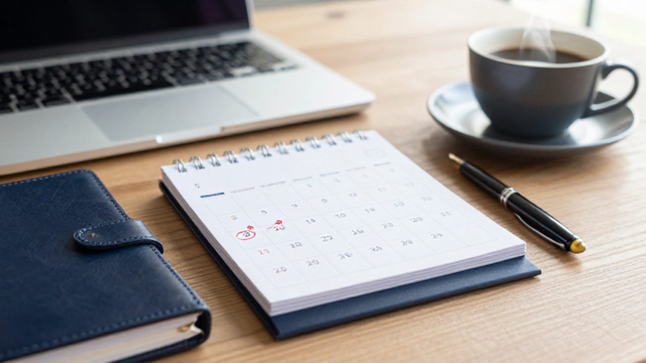 Calendario de escritorio con fechas marcadas en rojo sobre un escritorio de trabajo organizado con una agenda y un bolígrafo.