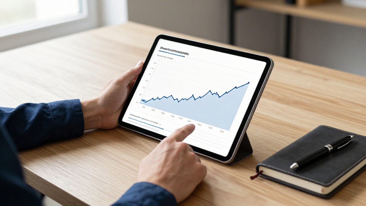 Manos organizando un escritorio con una tableta que muestra un gráfico de crecimiento financiero ascendente junto a un cuaderno y un bolígrafo.
