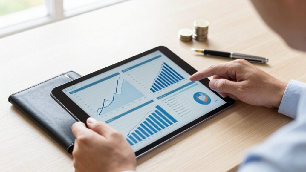 Manos revisando gráficos de crecimiento financiero en una tableta junto a una agenda y monedas sobre un escritorio de madera.