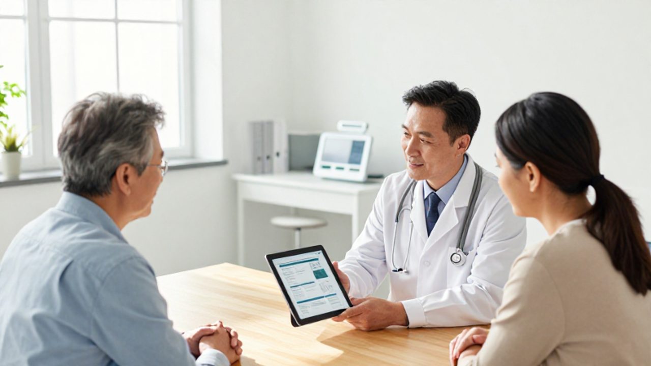 Doctor en una consulta iluminada explica un informe de salud digital a una pareja de mediana edad que escucha con tranquilidad.