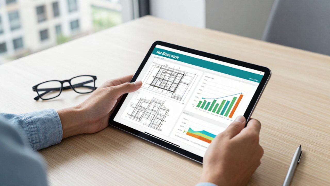 Manos de un profesional analizando planos arquitectónicos y gráficos financieros en una tableta sobre un escritorio de oficina.