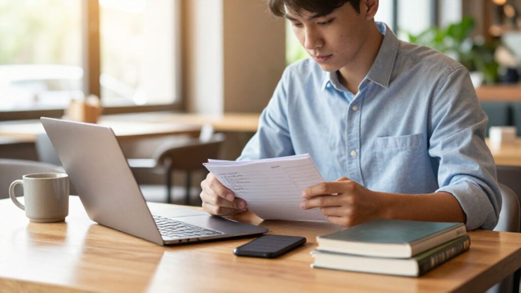 Estudiante universitario revisa un planificador de presupuesto junto a su portátil en un entorno de estudio tranquilo y luminoso.