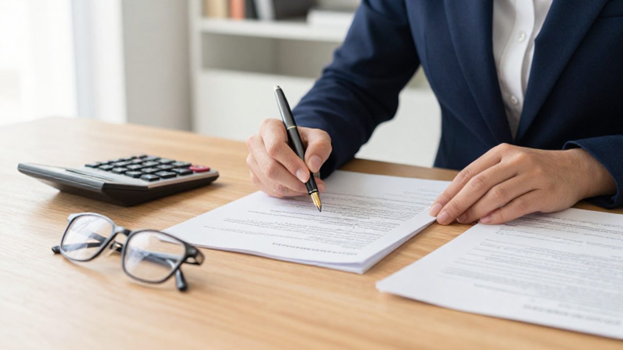 Manos de una persona revisando formularios de impuestos y documentos legales sobre un escritorio con una pluma y una calculadora.